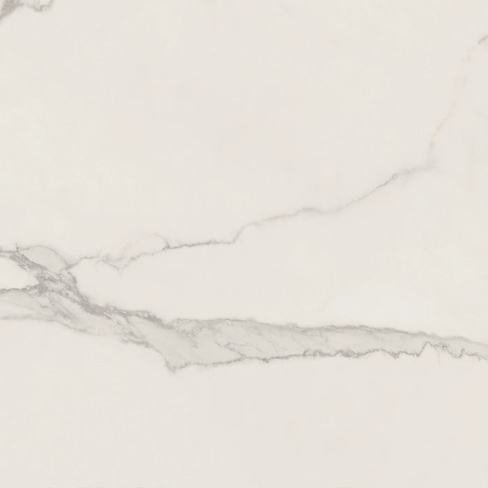 Close-up of Luna Blanco Polished Porcelain tile surface, showing fine veining melting into the bright white base.