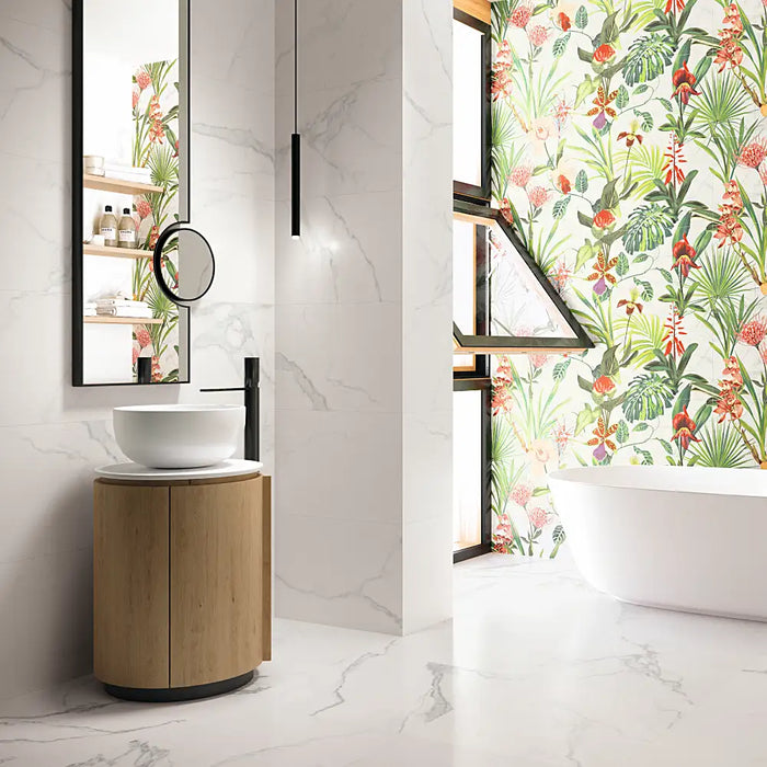 Elegant bathroom styled with Luna Blanco Polished Porcelain tiles, featuring a glossy white finish with subtle veining.