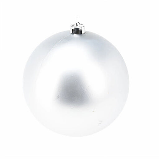 Close-up of matt silver bauble showing soft frosted texture.