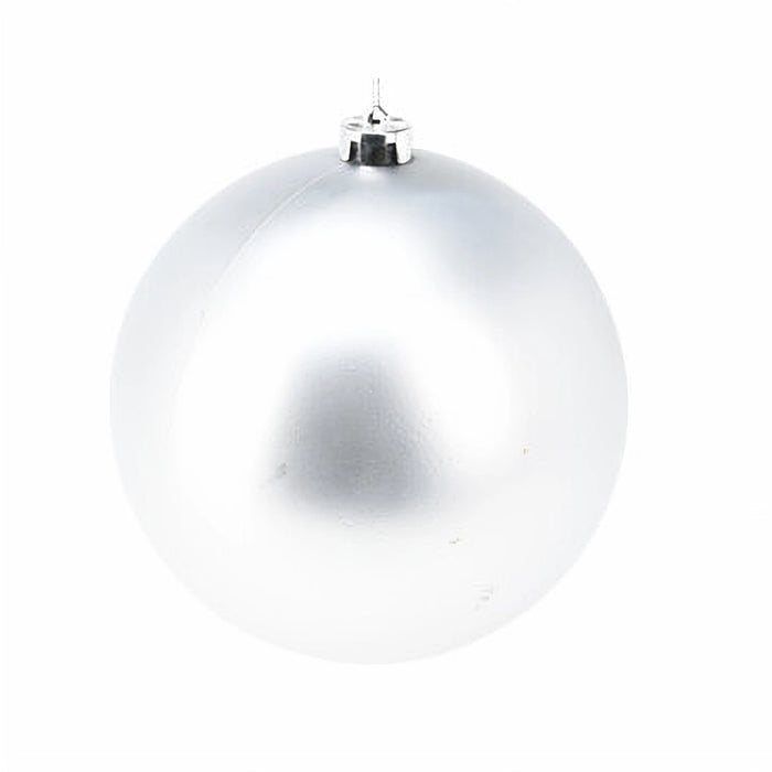Close-up of matt silver bauble showing soft frosted texture.