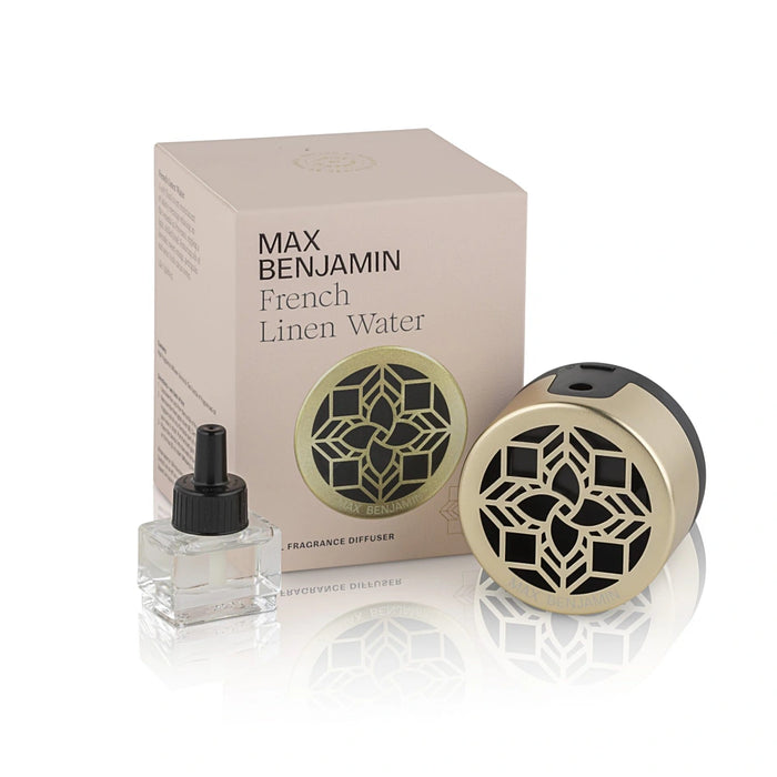 Max Benjamin French Linen plug-in wall diffuser with 15 ml refill bottle in packaging