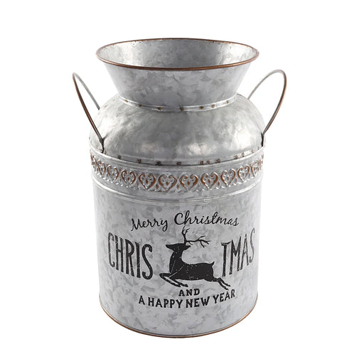 Metal Christmas milk churner planter with reindeer print