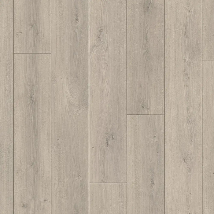 Close-up of Oak Mistral Grey laminate plank, revealing subtle wood knots and flowing grain patterns in a soft grey finish with a natural texture.