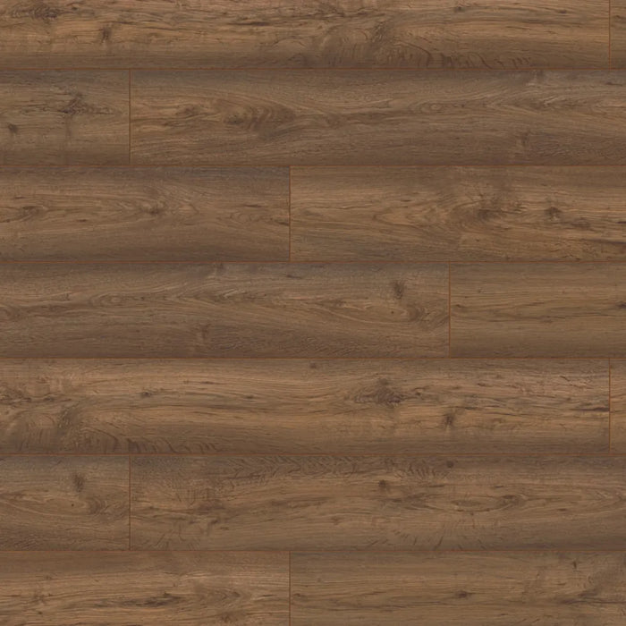 Close-up of Modena Oak 8mm laminate flooring, showing its rich dark tones and authentic woodgrain texture.