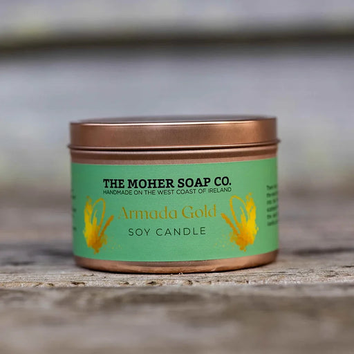 The Moher Soap Co. Armada Gold scented soy candle handmade in Ireland in a tin with warm golden fragrance notes