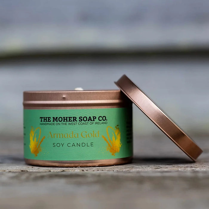 The Moher Soap Co. Armada Gold scented soy candle handmade in Ireland in a tin with warm golden fragrance notes