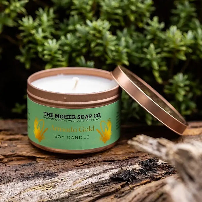 The Moher Soap Co. Armada Gold scented soy candle handmade in Ireland in a tin with warm golden fragrance notes