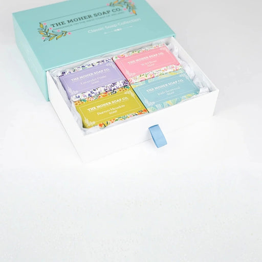 The Moher Soap Co. Classic Collection mini soap gift set handmade in Ireland with four individually boxed 50g bars in a presentation box