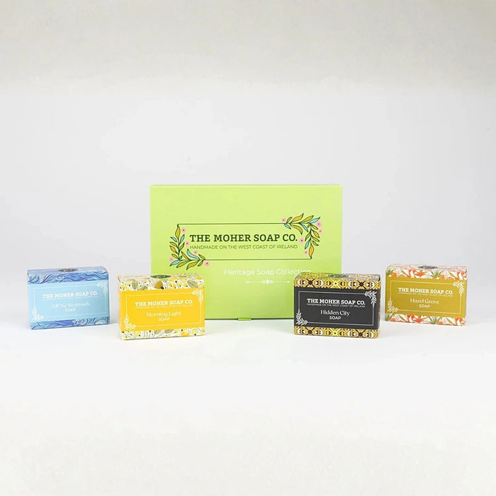 The Moher Soap Co. Heritage Collection mini soap gift set handmade in Ireland with four individually boxed 50g bars inspired by Irish landscape and folklore