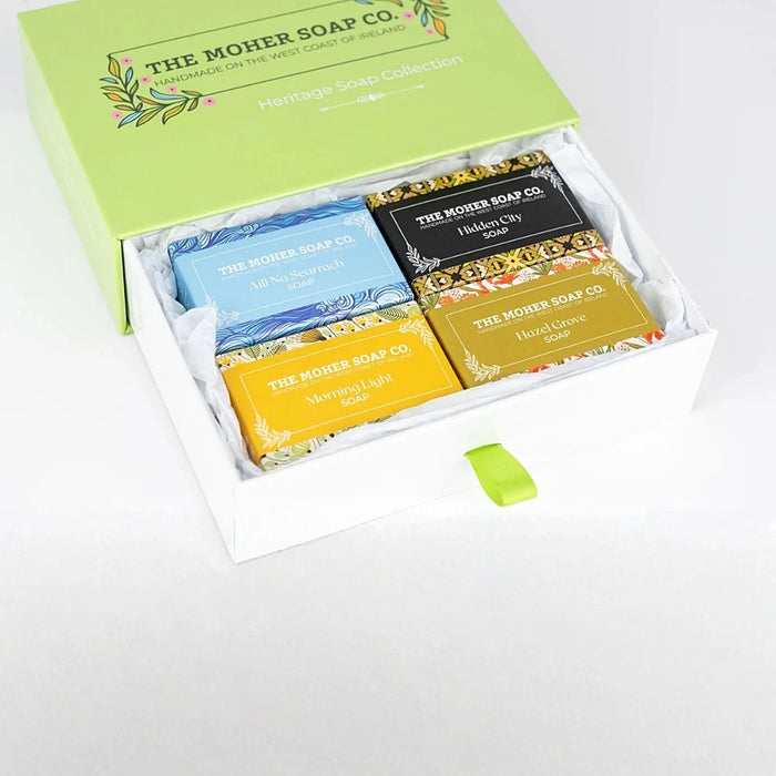 The Moher Soap Co. Heritage Collection mini soap gift set handmade in Ireland with four individually boxed 50g bars inspired by Irish landscape and folklore