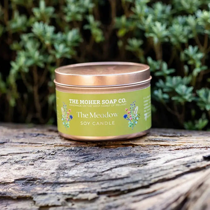 The Moher Soap Co. The Meadow scented soy candle handmade in Ireland with wildflower meadow inspired design