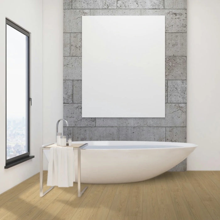 Interior room view with Mont Blanc Sanded wide plank laminate flooring, highlighting its elegant, light-toned wood appearance and natural matt texture.