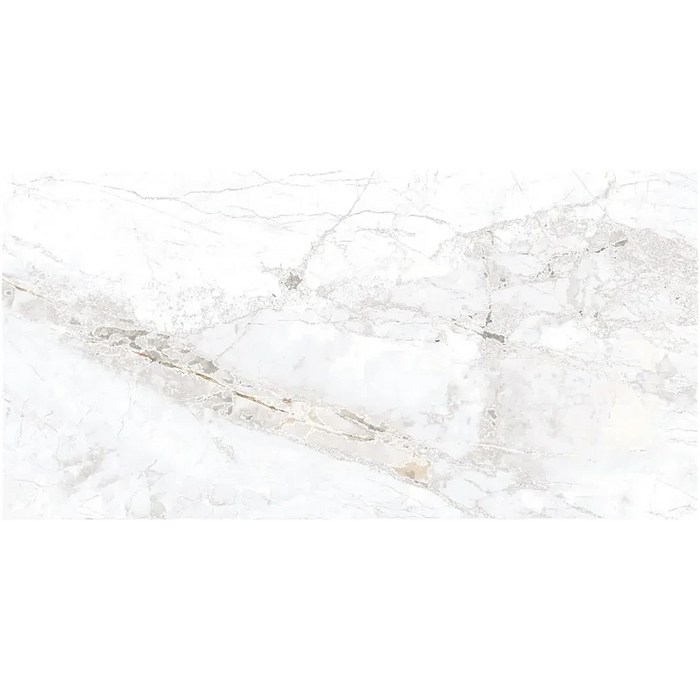 Close-up of Mystic Blanco porcelain tile highlighting its smooth matt surface, soft white tone, and gentle stone-like veining.