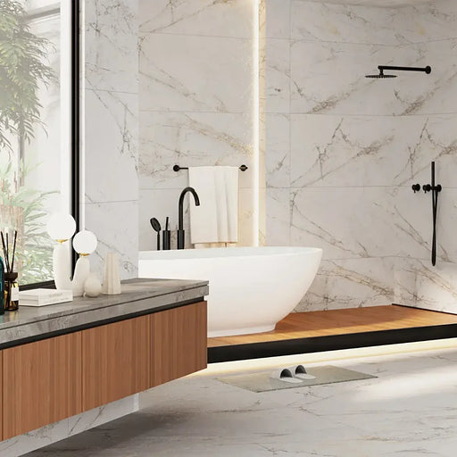 Bright, modern bathroom with Mystic Blanco porcelain tiles on the floor, adding elegance with their stone-inspired texture and matt finish.