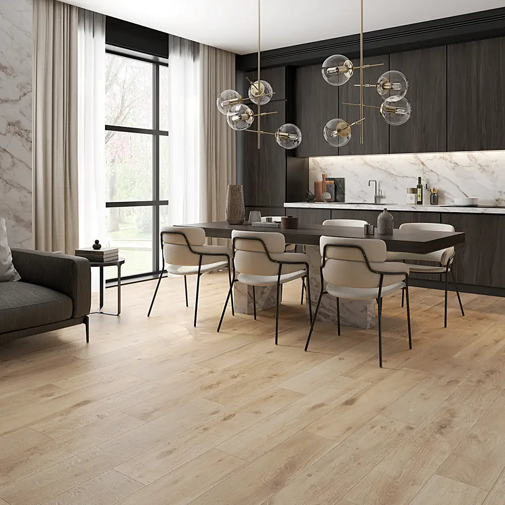 Kitchen styled with Naturwood Malt tiles, creating a rustic wood-look floor.