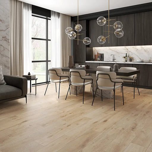 Kitchen styled with Naturwood Malt tiles, creating a rustic wood-look floor.