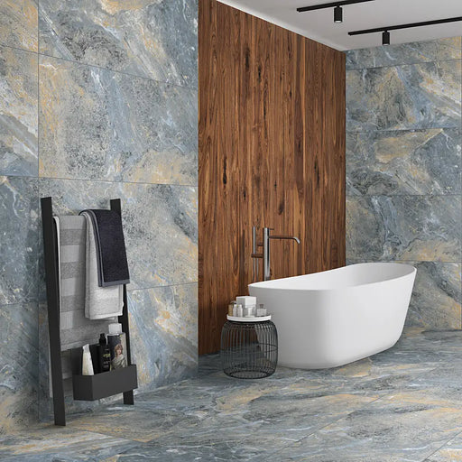 Modern interior with Nebula Blue Porcelain 60x120 floor tiles, creating a bold and contemporary atmosphere.