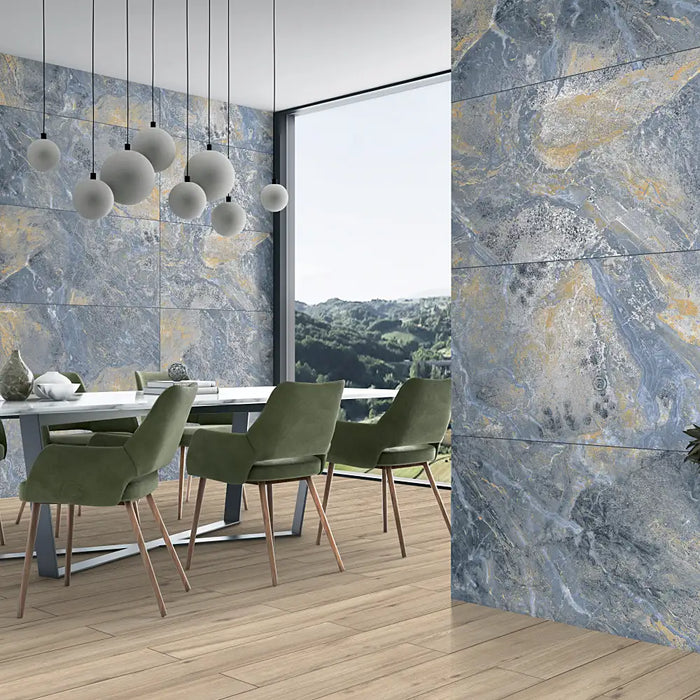 Modern interior with Nebula Blue Porcelain 60x120 floor tiles, creating a bold and contemporary atmosphere.