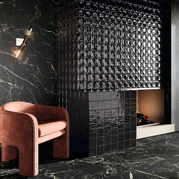 Modern interior featuring Night Lux matt tiles, adding depth and elegance with its dark stone-inspired tones.