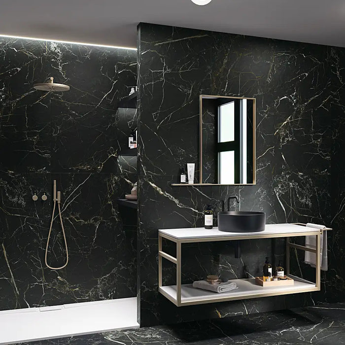 Modern interior featuring Night Lux matt tiles, adding depth and elegance with its dark stone-inspired tones.