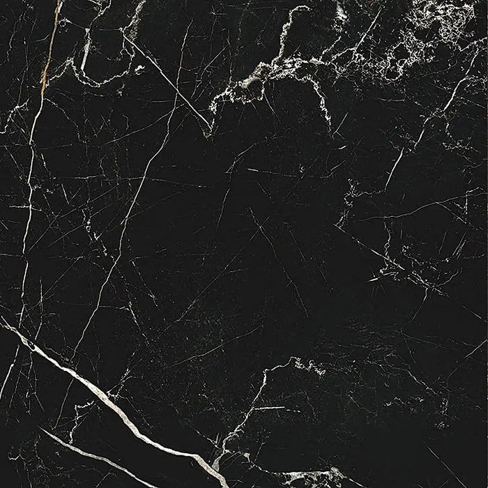 Detail of Night Lux Porcelain tile surface, showcasing its matt finish and painterly veining on a deep black base.