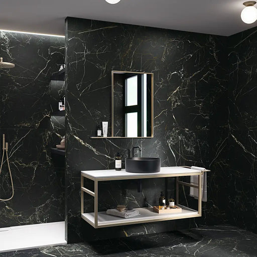 Luxurious interior featuring Night Lux Matt Porcelain tiles, with bold black marble tones and striking tan and white veins.