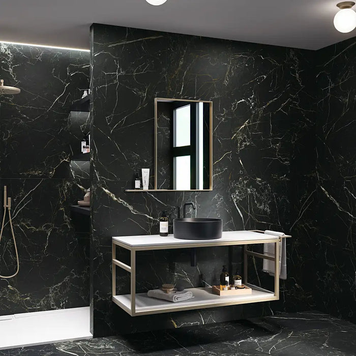 Luxurious interior featuring Night Lux Matt Porcelain tiles, with bold black marble tones and striking tan and white veins.