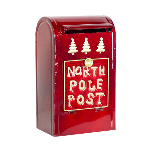 Decorative red North Pole-themed post box, 30.5cm tall, styled as part of festive Christmas décor.