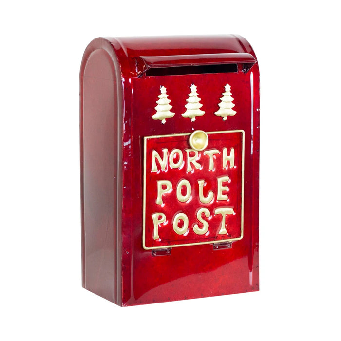 Decorative red North Pole-themed post box, 30.5cm tall, styled as part of festive Christmas décor.