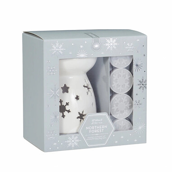 Close-up of Northern Forest Wax Burner Gift Set showing ceramic burner and wax melts with forest-inspired details.