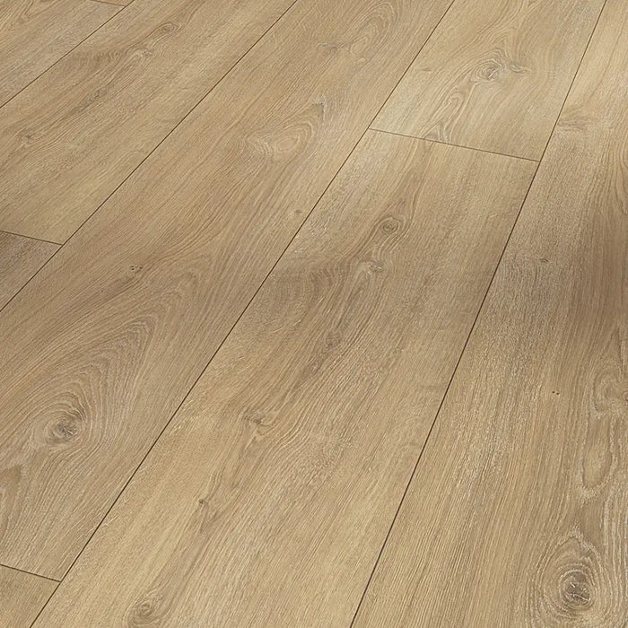 Close-up of Nova Limed laminate plank showing natural wood grain texture, limed oak finish, and precision bevelled edge detailing.