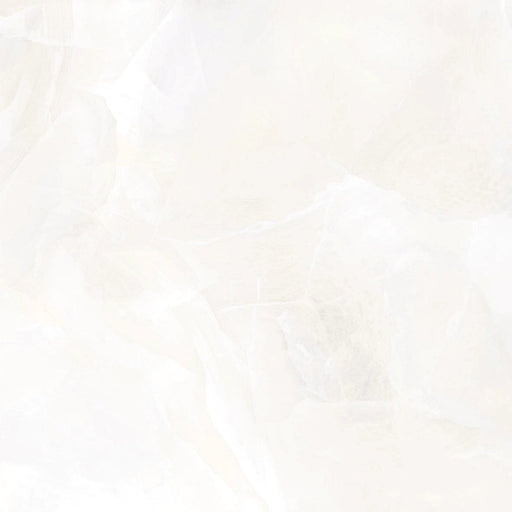 Detail of Onyx White Porcelain tile surface, showing its polished finish and soft veining on a crisp white background.