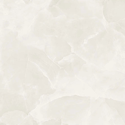 Detail of Onyx White Porcelain tile surface, showing its polished finish and soft veining on a crisp white background.