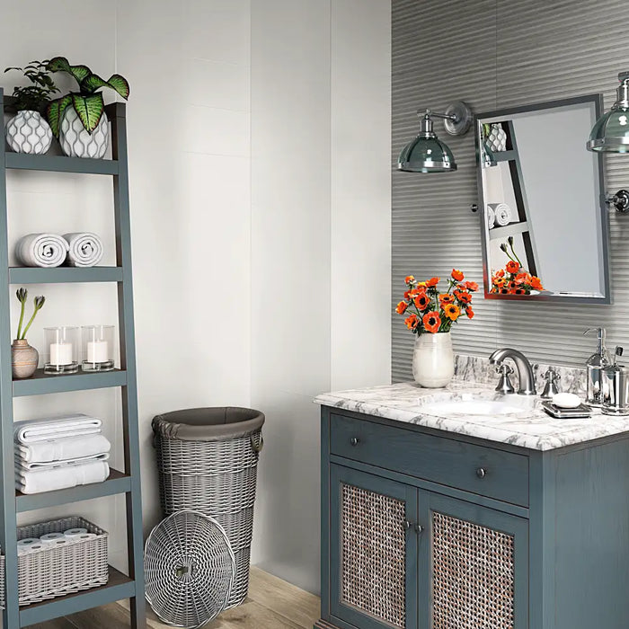 Bathroom wall finished with Orsay Bianco wall tiles, creating a fresh and timeless white look.