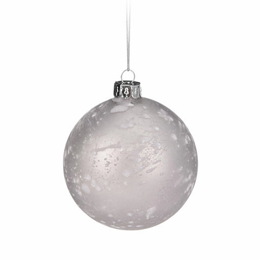 Close-up of pearl textured Christmas bauble showing pearlescent surface and raised detailing.