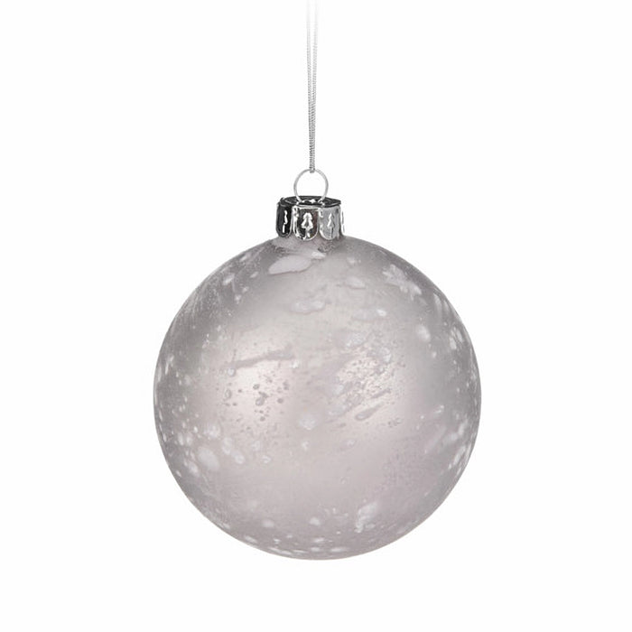 Close-up of pearl textured Christmas bauble showing pearlescent surface and raised detailing.
