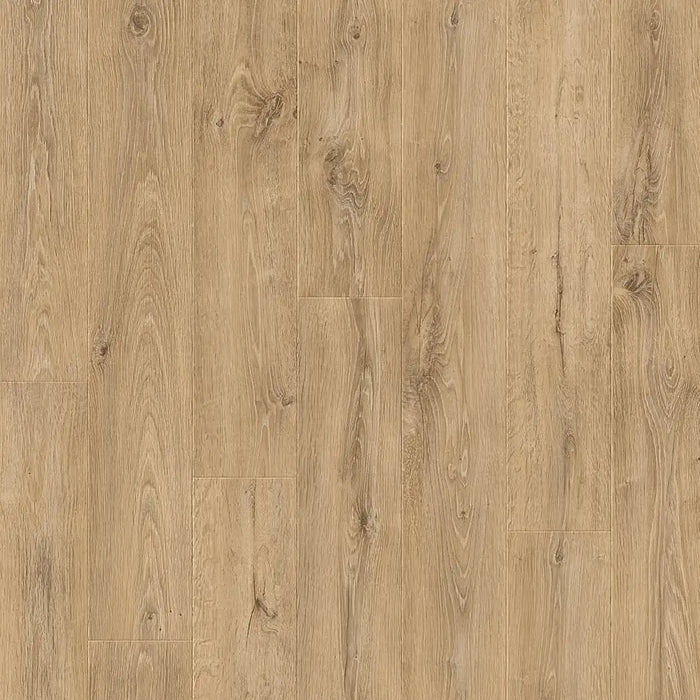 Close-up of Pergo Arendal Moorland laminate flooring showing rich brown tones, wood grain detail, and a matte finish with 4-way bevel edges.