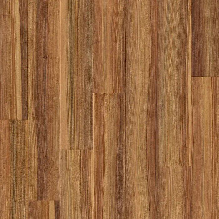 Close-up of Pergo Arendal Refined Walnut laminate showing realistic grain texture and deep walnut tones in a matte finish.