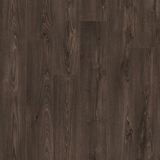 Detailed view of Pergo Glomma Dark Eifel LVT flooring showing rich, dark brown grain patterns.