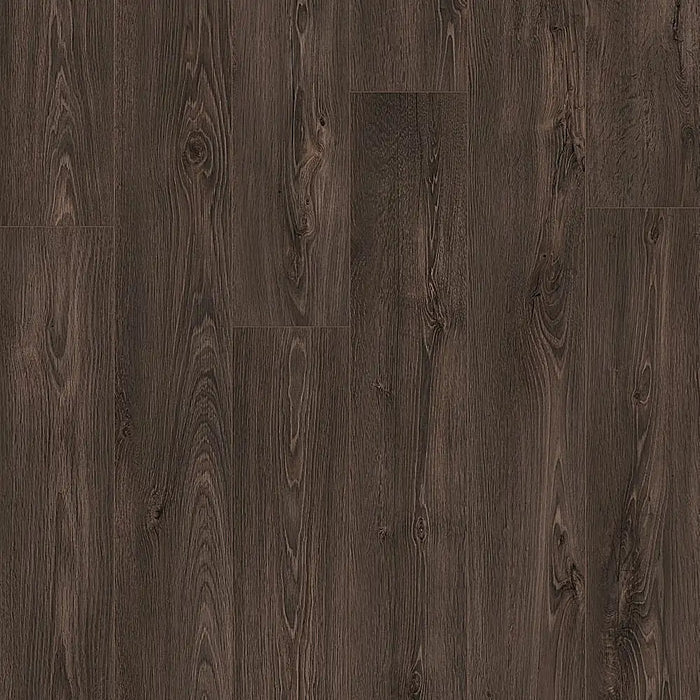 Detailed view of Pergo Glomma Dark Eifel LVT flooring showing rich, dark brown grain patterns.