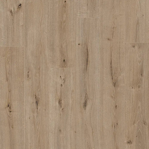 Detailed view of Pergo Glomma Greige Irish LVT flooring with mixed beige-grey wood grain.