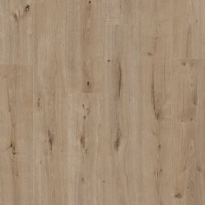 Detailed view of Pergo Glomma Greige Irish LVT flooring with mixed beige-grey wood grain.
