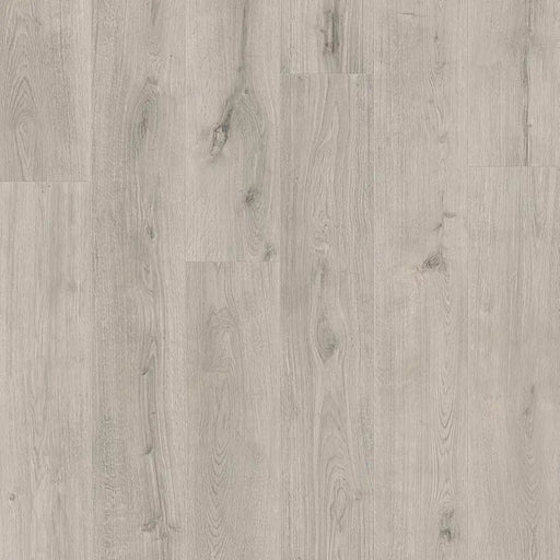 Detailed view of Pergo Glomma White Scottish LVT flooring with subtle whitewashed wood grain.