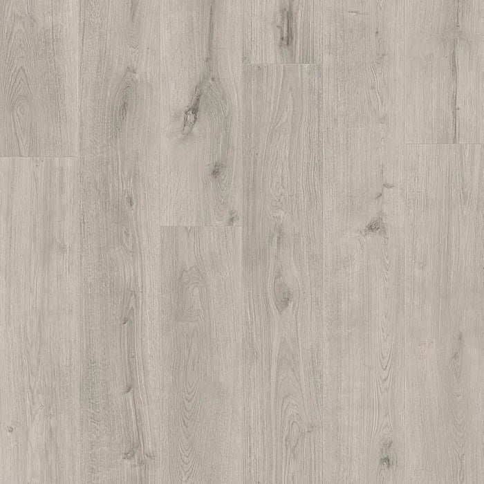 Detailed view of Pergo Glomma White Scottish LVT flooring with subtle whitewashed wood grain.