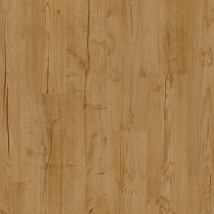 Close-up of Pergo Namsen Golden Cabin LVT showing rich golden tones and wood grain detail.