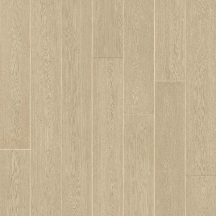 Close-up of Pergo Odense Clay laminate highlighting its warm brown tones, textured woodgrain, and subtle matte surface with deep bevels.