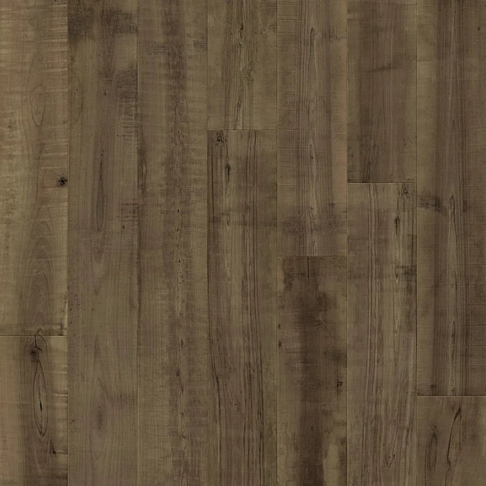 Detailed view of Pergo Odense Rustic Smoke showing the realistic wood texture, matte finish, and 4-way bevel edge in deep brown tones.
