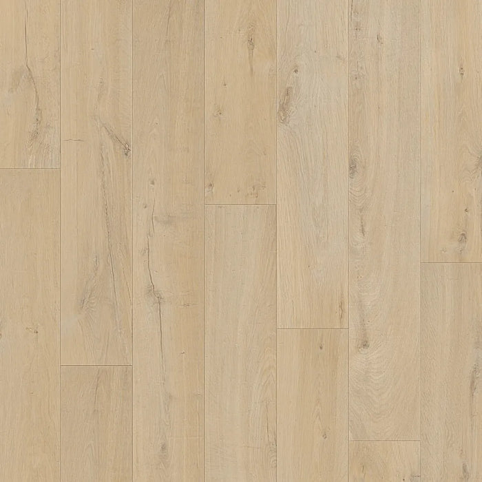 Close-up of Visby Coastal plank showing detailed wood grain embossing, matte surface, and authentic bevel edges in a warm beige shade.