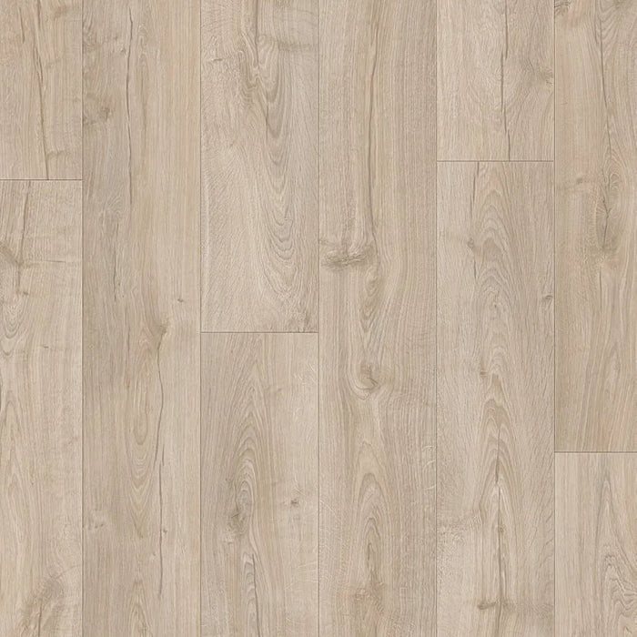 Close-up of Urban Grey laminate plank showing realistic wood grain detail, light grey colouring, and a subtle matte texture.