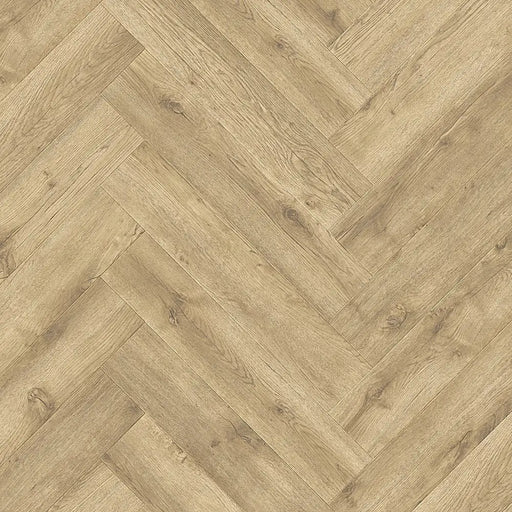 Close-up of Beige Century herringbone LVT plank highlighting soft beige wood grain.